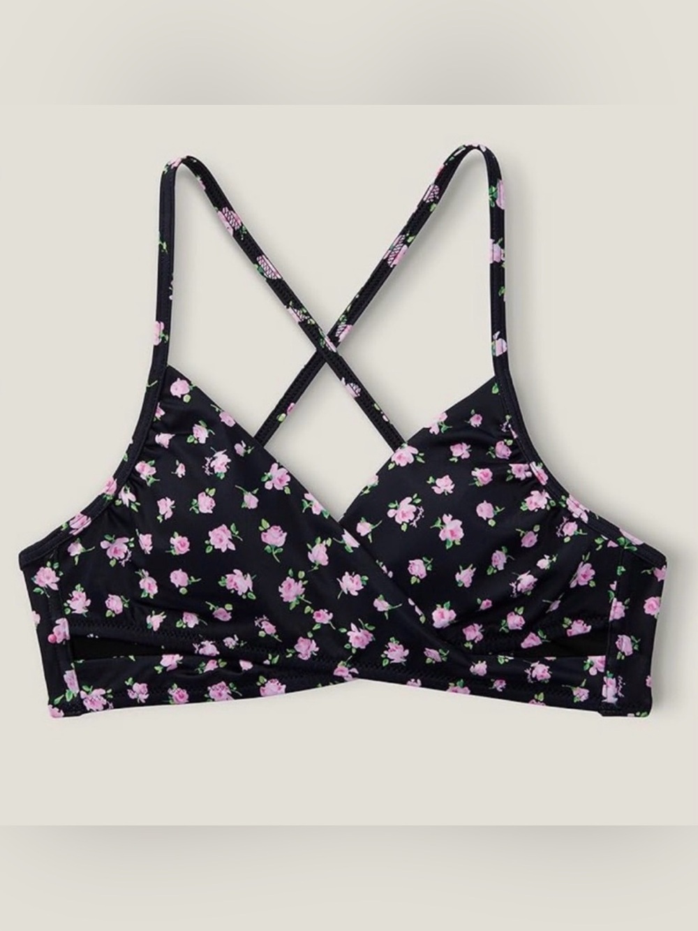 NWT Victoria's Secret PINK black floral wrap bikini top size small